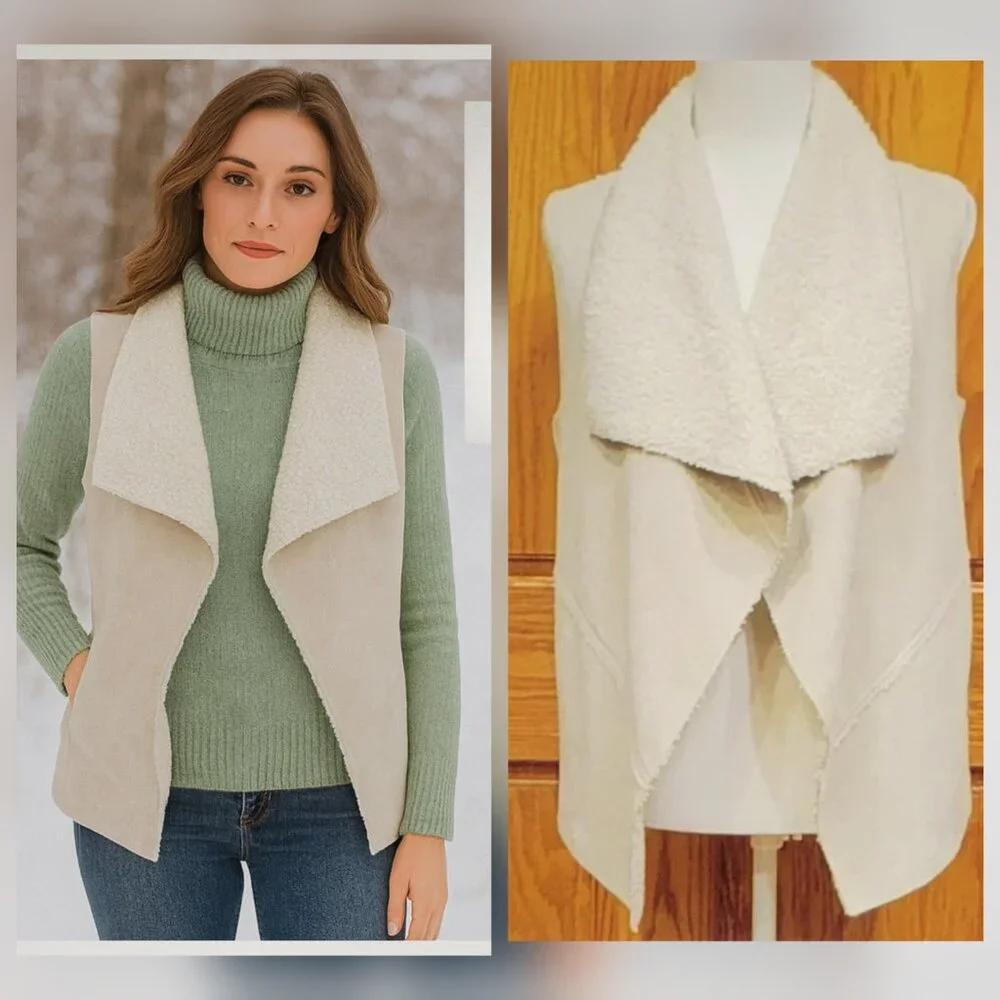 Faux Suede Sherpa Fleece Lined Boho Waterfall Open Front Vest with Pockets